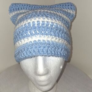Beanie Cap Cat Ears Blue and White Striped Hat Handmade